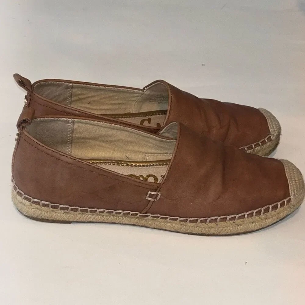 Sam Edelman Khloe Espadrille Leather Flats comfort Sz 6 1/2 tan brown slip on